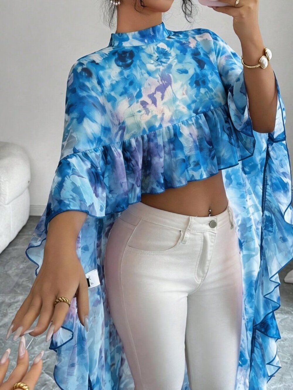 Blue Women's darin Collar Chiffon Floral Ruffle Trim hi-low Elegant Blouse top